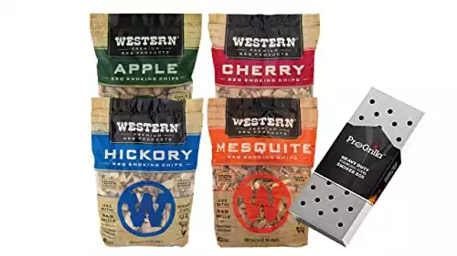 MIJIG Western BBQ Premium Wood Smoking Chips Variety (Pack of 4) with ProGrilla Smoker Box