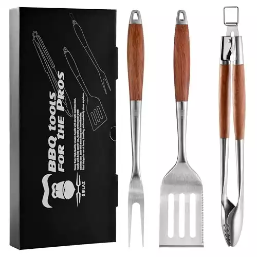 GRILAZ Heavy-Duty Rose Wooden BBQ Grilling Tools Set. Stainless Steel Multi-Function Spatula, Fork & Tongs