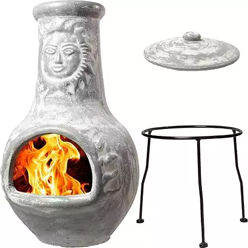 Wiosi Medium Clay Chiminea Outdoor Fireplace with Chimney Rain Lids and Solid Metal Stand